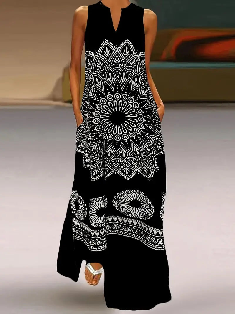 Elegantes ärmelloses Maxikleid mit Mandala-Blumendruck