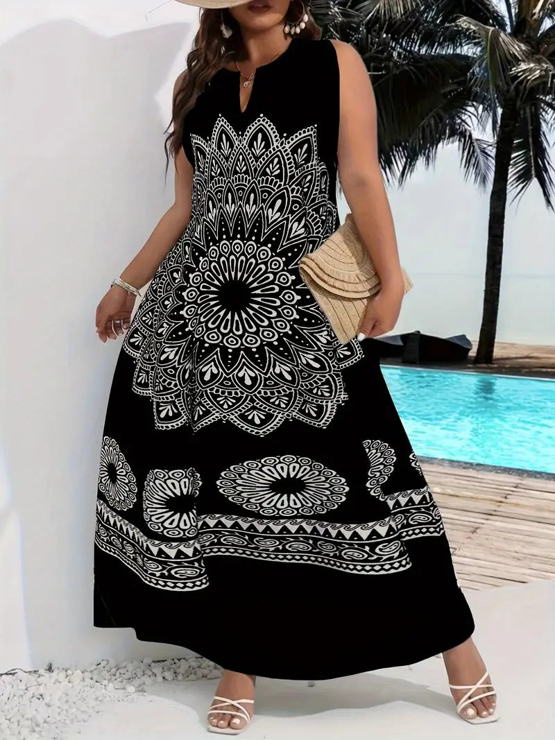 Elegantes ärmelloses Maxikleid mit Mandala-Blumendruck