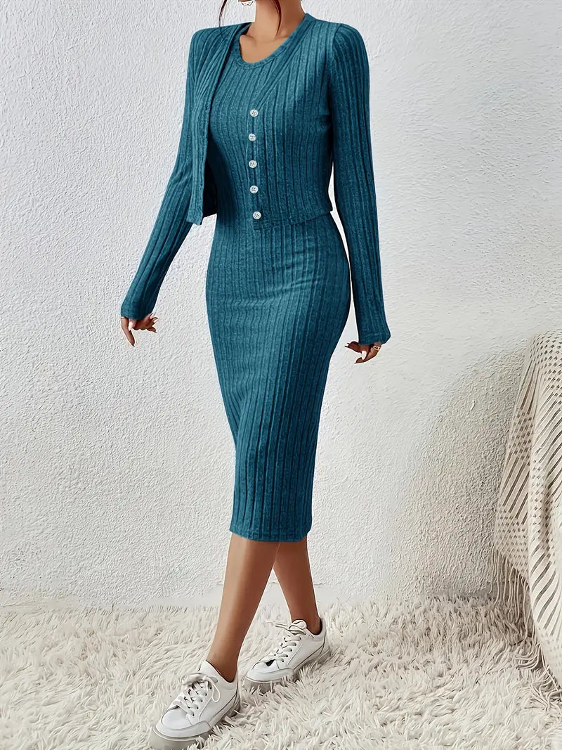 Einreihige Strickjacke & ärmelloses Bodycon-Kleid