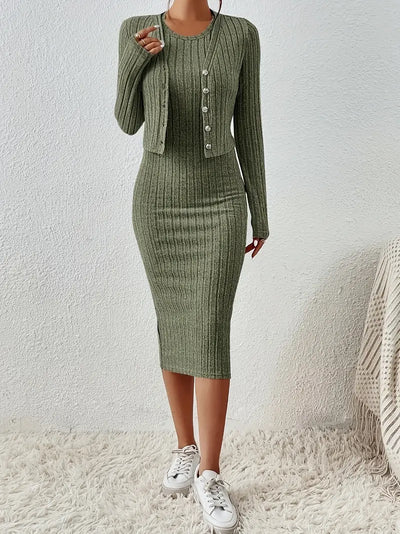 Einreihige Strickjacke & ärmelloses Bodycon-Kleid