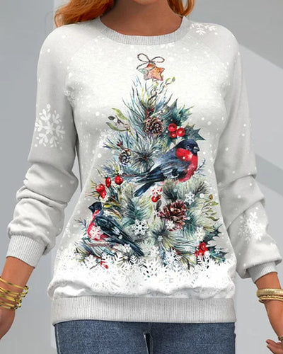 Langarm-Sweatshirt mit Weihnachtsbaummuster und Vogel- und Schneeflockendruck
