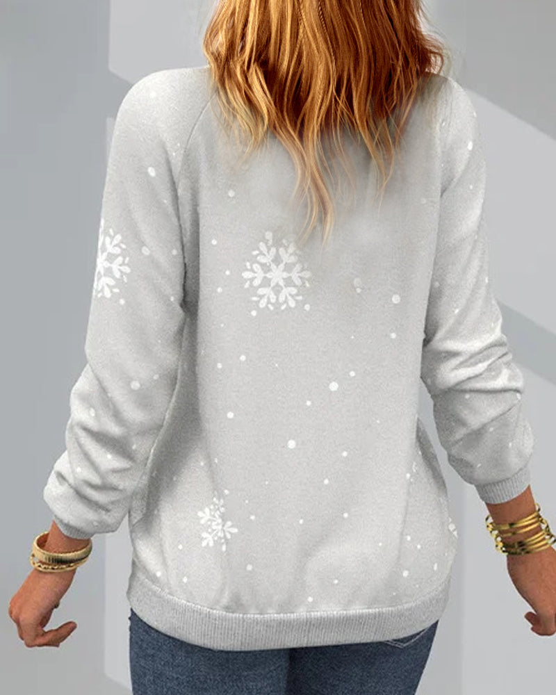 Langarm-Sweatshirt mit Weihnachtsbaummuster und Vogel- und Schneeflockendruck