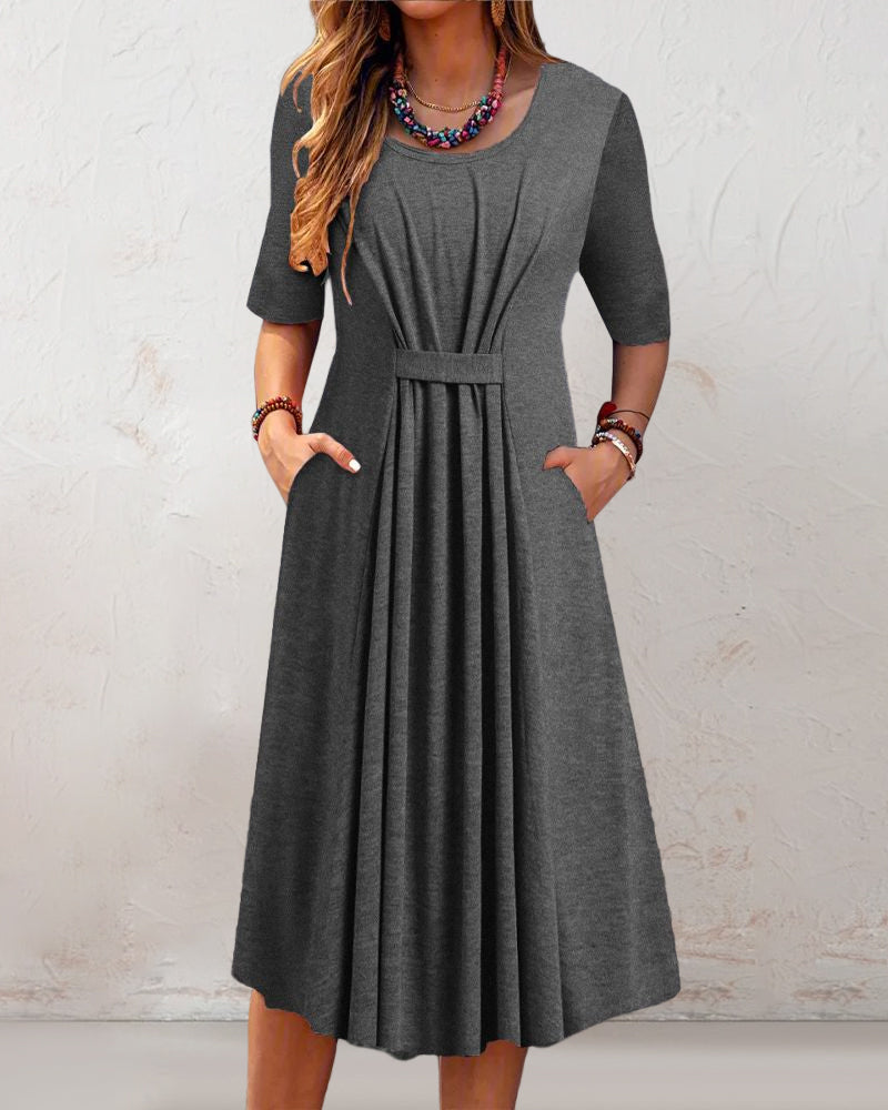 Solid Grau Kleid mit Rundhalsausschnitt