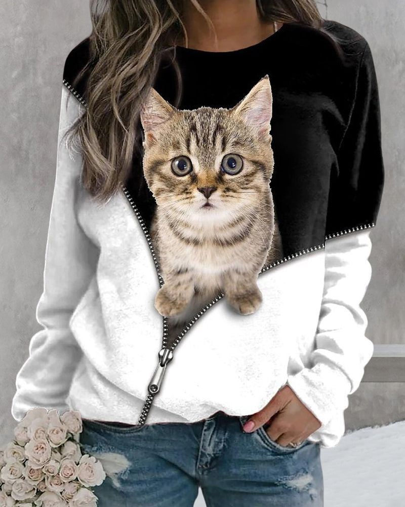 Langarm-Sweatshirt mit Rundhalsausschnitt und Katzen-Print