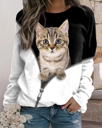 Langarm-Sweatshirt mit Rundhalsausschnitt und Katzen-Print